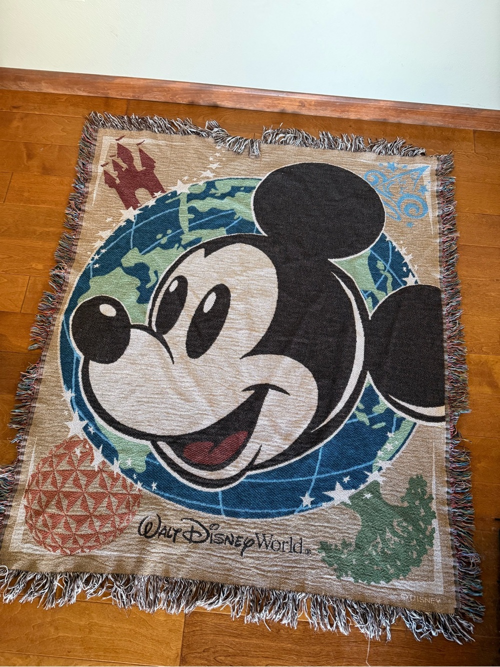 Walt Disney World Mickey Mouse Woven Tapestry Throw Blanket Fringe 48x55